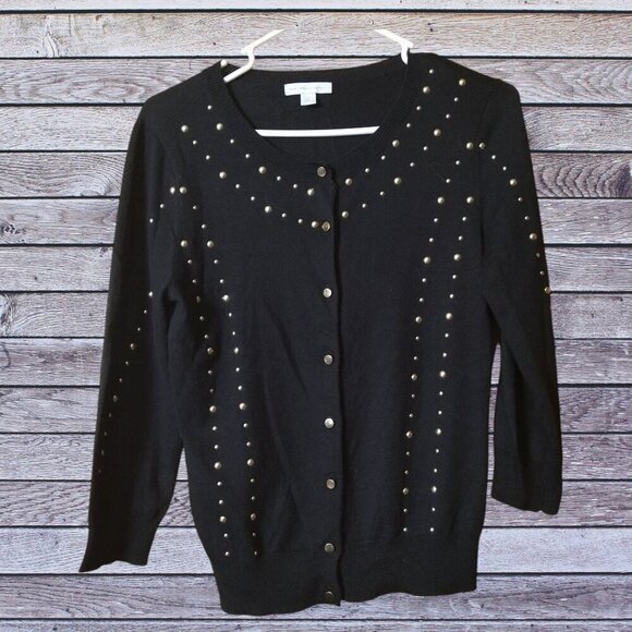 New York & Company Women's Small Black Button Front Beaded 3/4 Sleeve Cardigan - Picture 1 of 4